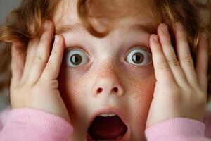 Surprised young girl with curly hair expressing shock in a cozy indoor setting, wearing a pink sweater during the daytime photo
