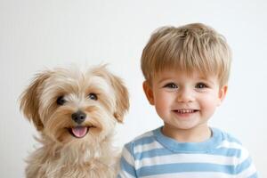 Happy child and playful puppy pose together in a bright, cheerful indoor setting on a sunny day photo
