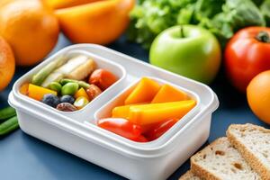 Healthy snack box featuring fresh fruits and vegetables with whole grain bread on a colorful table setting photo