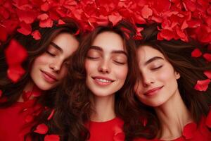 Three young women with closed eyes surrounded by red rose petals in a serene setting, enjoying a peaceful moment together photo
