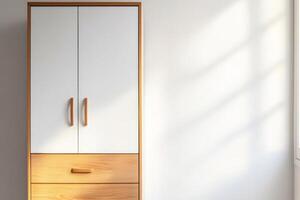 Modern wooden wardrobe with minimalist design in a bright room showcasing natural light and shadow effects photo