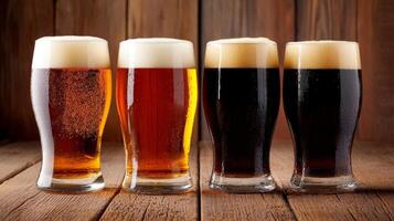 Different types of craft beers arranged on a wooden table in a cozy brewery setting during the afternoon photo