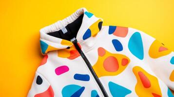 Colorful modern jacket displayed against a bright yellow background showcasing playful patterns and design photo