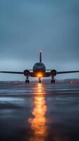 Airplane on the runway with lights reflecting in rain during twilight at an airport photo