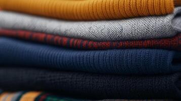 Cozy and colorful stack of knitted sweaters displayed neatly on a table in a warm indoor setting during autumn photo