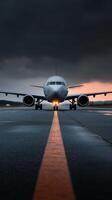 A commercial airplane prepares for takeoff on a wet runway under a dramatic cloudy sky at dusk photo