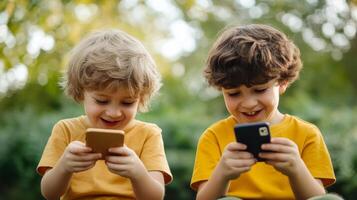 Two young boys in matching yellow shirts enjoying their smartphones while sitting on a park bench during a sunny afternoon photo