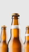 Bottles of cold beer with droplets, showcasing the refreshing beverage in a minimalistic setting photo