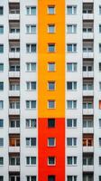 Colorful apartment facade featuring vibrant orange and red stripes in an urban setting with multiple residential balconies photo