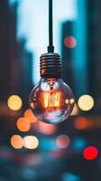 Beautiful glowing light bulb hanging against a blurred city backdrop during twilight with vibrant bokeh effects photo