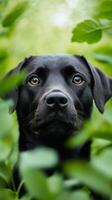 A curious black Labrador retriever gazes through lush green leaves in a serene outdoor setting during daylight photo
