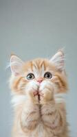 Cute orange kitten with wide eyes and paws over its mouth looking surprised against a gray background during indoor playtime photo