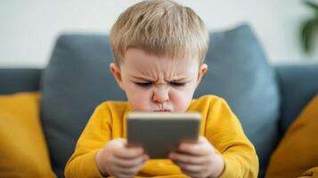 Young boy looking frustrated while playing on a smartphone in a cozy living room during the afternoon photo
