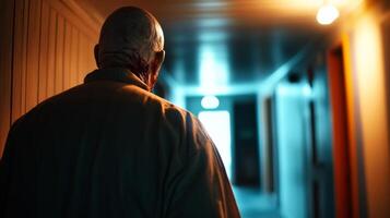 An eerie figure walks down a dimly lit hotel corridor at night, creating an atmosphere of suspense and intrigue for the viewer photo