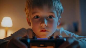 Young boy focused on gaming at home during the evening, with a soft lamp light illuminating his serious expression photo