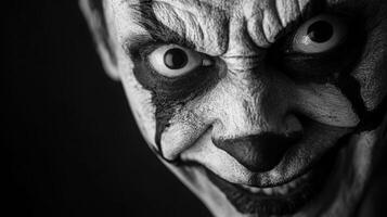 A close-up view of a sinister clown with exaggerated makeup during a nighttime performance, showcasing a menacing expression photo