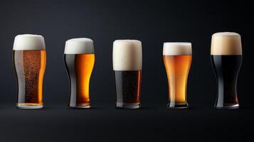 A variety of beers in glasses showcasing different colors and foam styles against a dark background photo