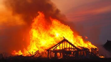 Large flames engulf a wooden structure at sunset, creating a dramatic scene of destruction and smoke rising into the sky photo