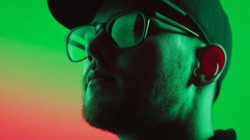 Young man with glasses in studio setting illuminated by vibrant green and red lights photo