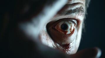 Close-up of a person's eye showing unusual redness and detail in dim lighting, capturing an intense moment of focus or fear photo