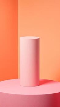 un pastel rosado cilíndrico objeto soportes en un pareo circular plataforma en contra un brillante naranja fondo evocando un moderno artístico monitor foto