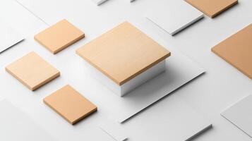 A minimalist display of square wooden blocks arranged on a white surface photo