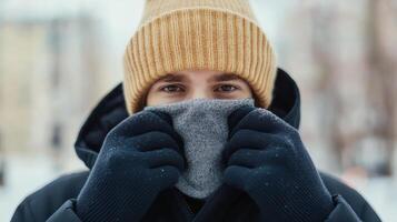 Young man in winter clothing protects face with scarf while walking through snowy city streets during cold season photo