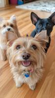 Three happy dogs posing indoors on a wooden floor, showcasing their joyful expressions and unique fur photo