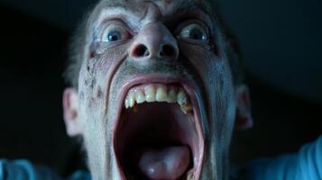 A man screams in terror with distorted features and a shocked expression, capturing a chilling moment in horror photo