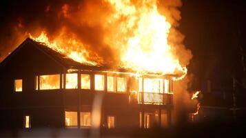 A large house engulfed in flames during a nighttime fire incident, with bright flames illuminating the surroundings and smoke photo