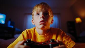 A child concentrates on gaming in a dimly lit room while holding a game controller during the evening photo