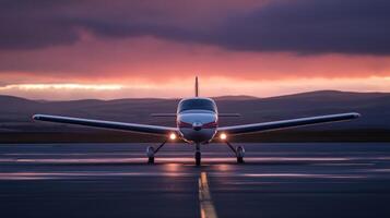 A small aircraft prepares for takeoff at dusk with a vibrant sunset illuminating the runway and surrounding hills photo
