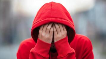 Young person in a red hoodie sitting outdoors with hands covering their face, expressing emotions in a busy urban environment during daylight photo