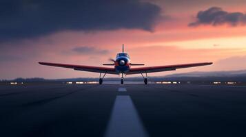 Vintage aircraft prepares for takeoff on a runway at sunset, highlighting its vibrant colors and nostalgic design photo