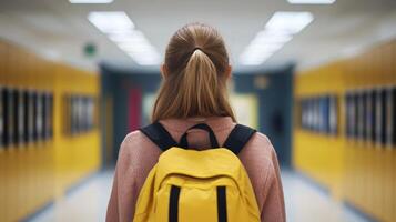 A student with a yellow backpack walks down a school hallway lined with lockers during a bright school day photo