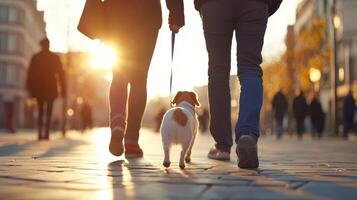 Couple walks their cute dog on a sunny evening in a bustling urban setting with autumn leaves photo