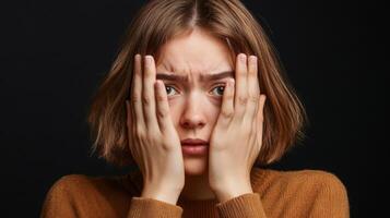A young woman expresses concern with her hands on her face in a dimly lit setting during an emotional moment of reflection photo
