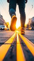 A person walks along the vibrant street tracks at sunset, capturing the warmth of the golden hues as vehicles pass by in the city photo