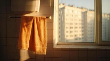 A warm yellow towel hangs in a sunlit bathroom, with an urban view through the window during the golden hour photo