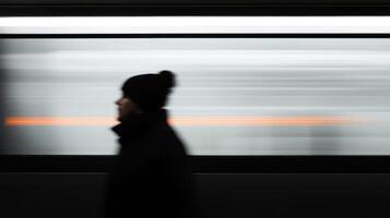 A person walking past a speeding train at a subway station on a chilly day in the city during the morning rush hour photo