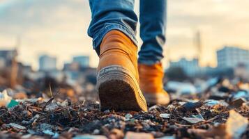 A person walks on a littered path in an urban area during sunset photo