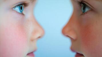 Two children with blue eyes staring at each other in a close-up portrait taken in a serene environment during daylight photo