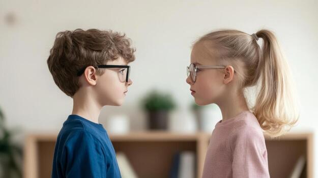 Two children with glasses face each other in a room, showcasing concentration and curiosity during a moment of interaction photo