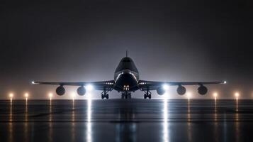 A large passenger airplane prepares for departure at a foggy airport during nighttime with bright runway lights illuminating the scene photo