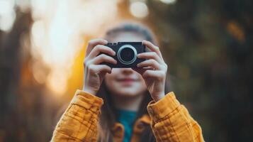 A young girl takes a photo with a camera while enjoying a sunset in a forest during autumn