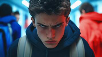A young man with an intense expression stands in a corridor surrounded by other students wearing colorful jackets after school photo