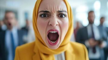 Woman in hijab expressing strong emotions during an intense discussion in a corporate setting photo