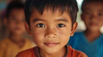 A smiling young boy stands in focus while two friends appear softly blurred in a vibrant setting during a sunny afternoon photo