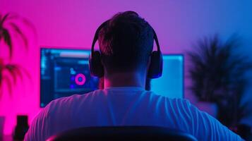 A gamer immersed in an online competition while surrounded by vibrant lighting in a modern gaming setup at night photo