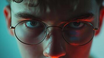Close-up portrait of a young person with glasses, intense gaze, and colorful lighting in a dimly lit environment at night photo